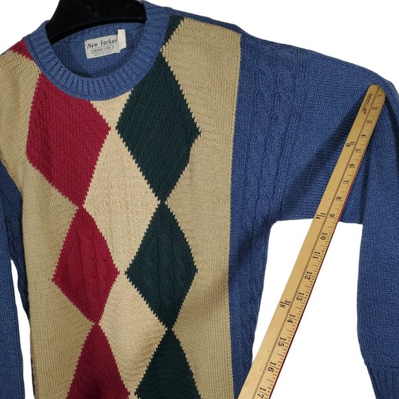 VTG 90s New Yorker Cable Knit Argyle Sweater Textured Colorblock Jester Diamond - Picture 2 of 7